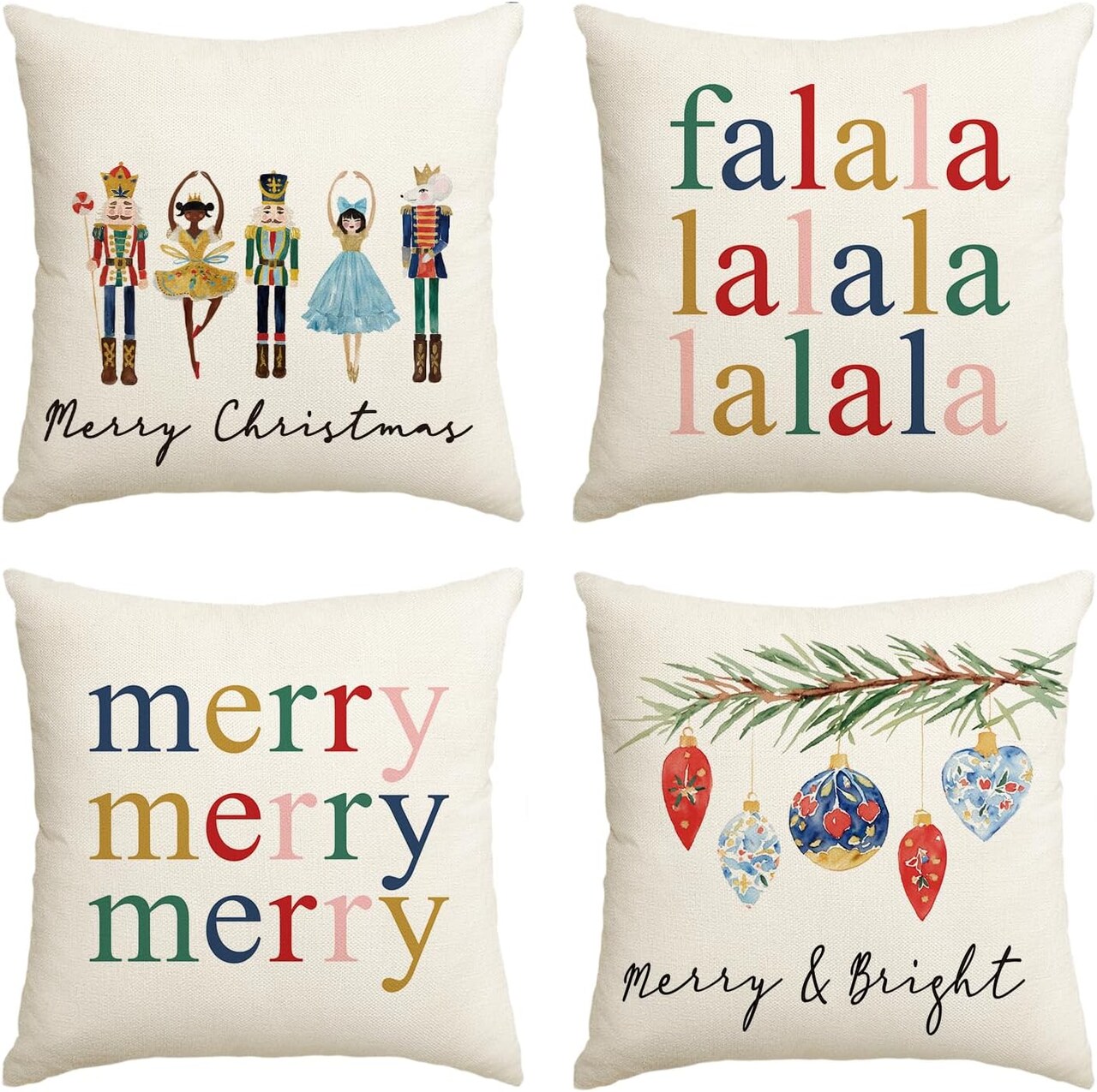Merry Christmas Nutcracker Throw Pillow Covers, 18x18 Inch – Set of 4 Winter Holiday Cushion Cases for Sofa, Couch, Party Décor